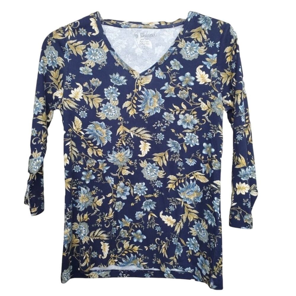 Chico's 100% Cotton Joyce Bloom V Neck Top Sz M NWOT